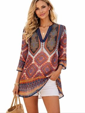 Boho Tunic Top Womens Size Medium Multicolor Tribal Print 3/4 Sleeve Sheer
